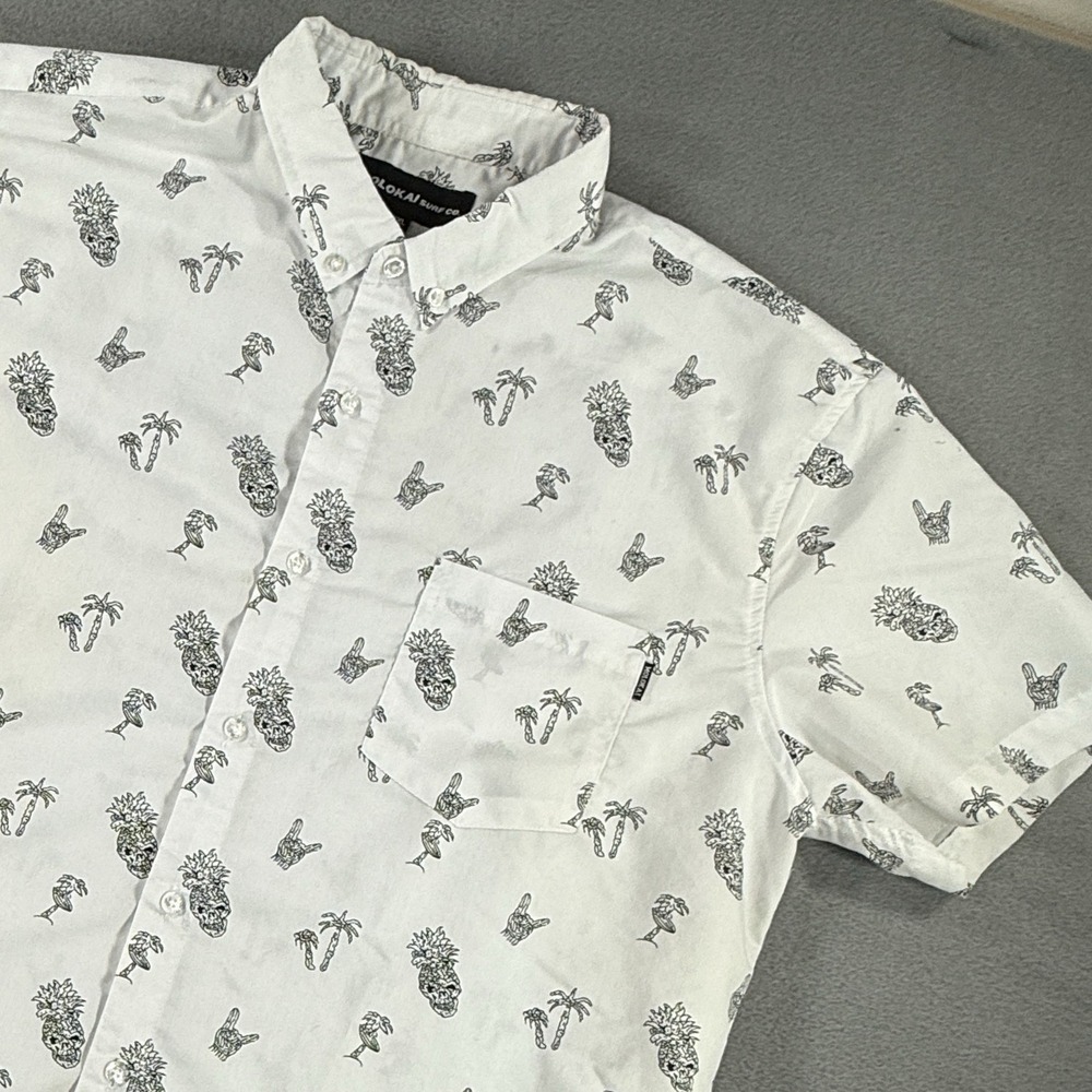 Molokai Surf Co Mens 2XL White Skeleton Pineapple Palm Tree Shaka Button Down